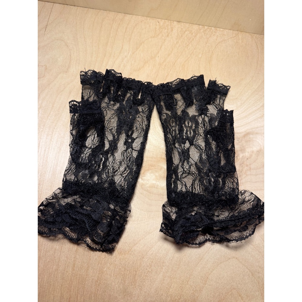 Black Floral Lace Fingerless Gloves Gothic Victorian Ruffle Wrist Formal Cosplay